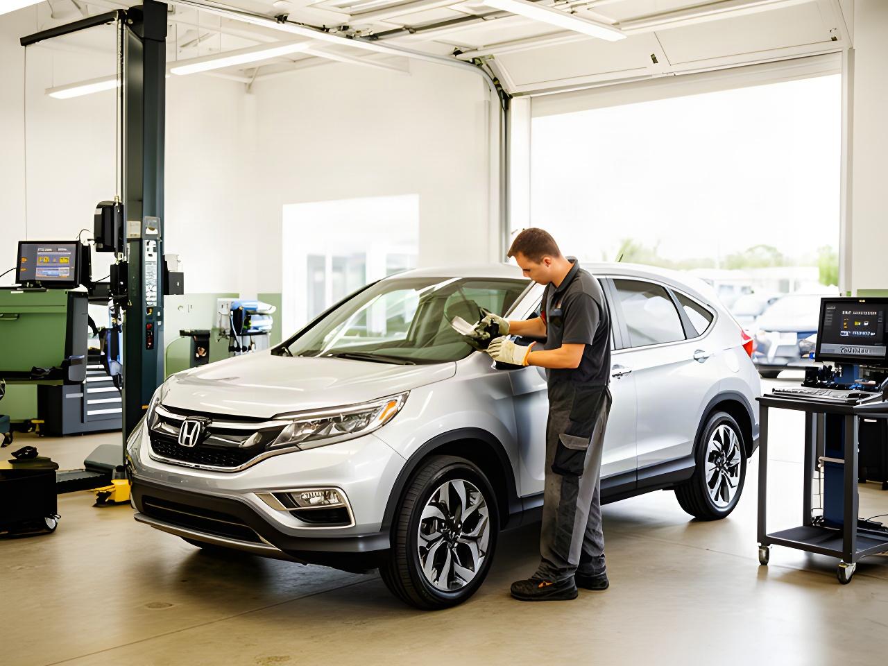 Technician inspecting a silver SUV inside a bright North Shore service bay