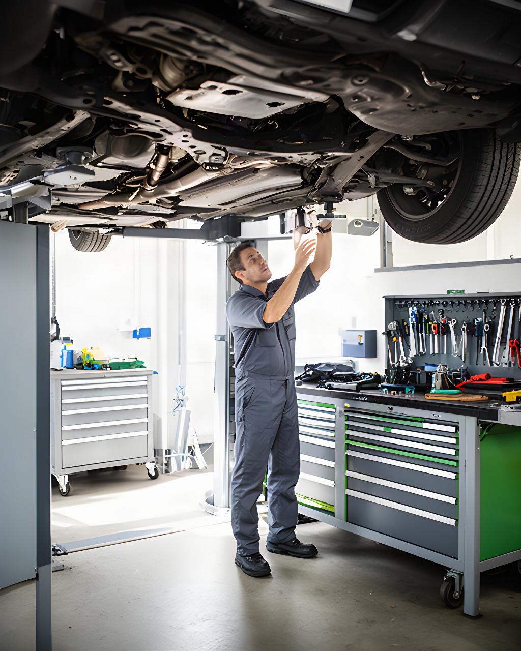 Licensed technician inspecting a vehicle on a lift inside a bright North Shore service bay