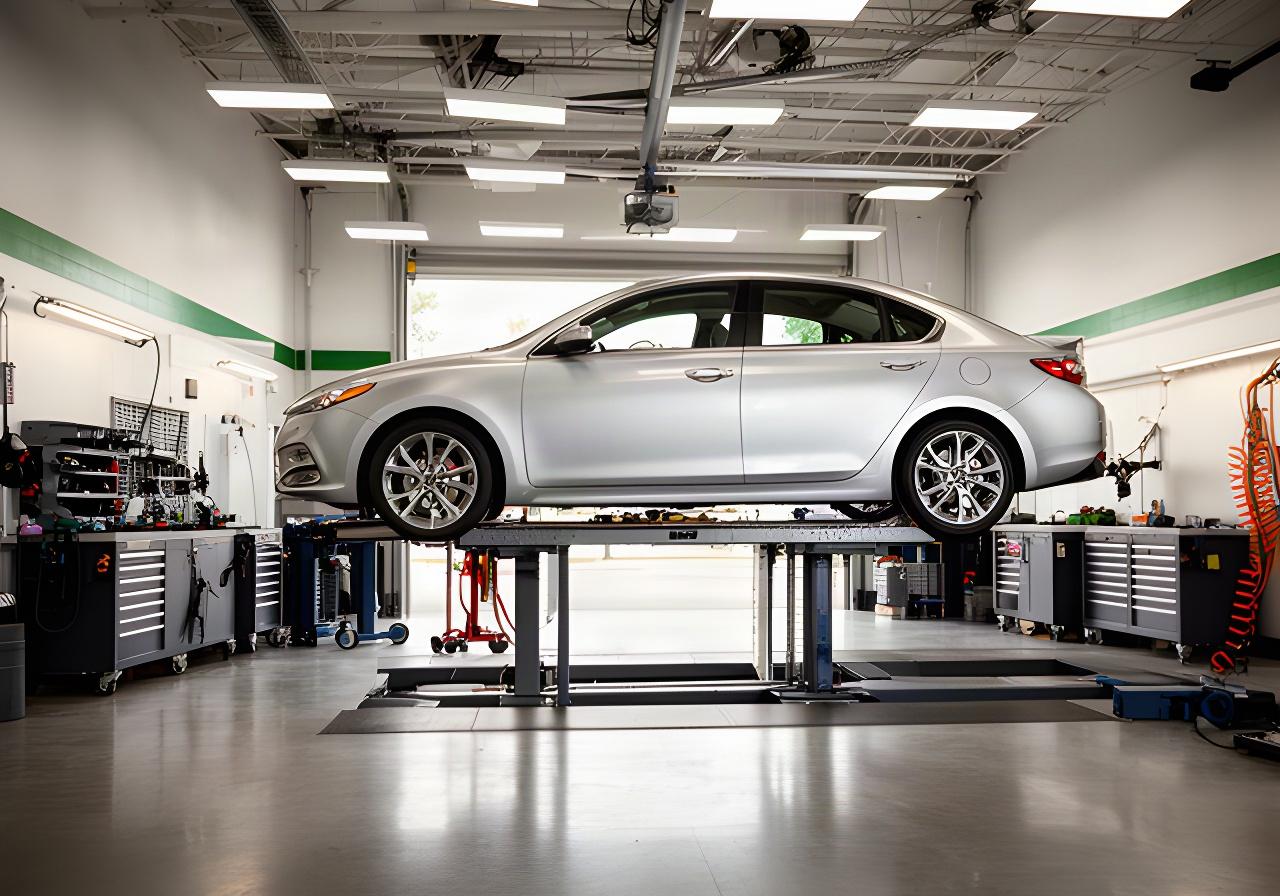 Modern auto shop bay with a silver vehicle raised on a lift and bright service lights