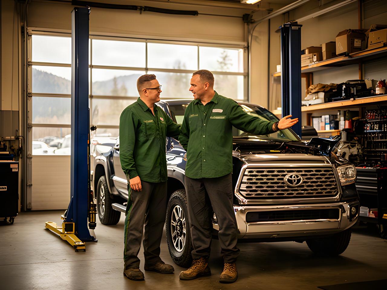 Two auto technicians discussing a vehicle inspection beside a pickup truck in a Kootenay workshop