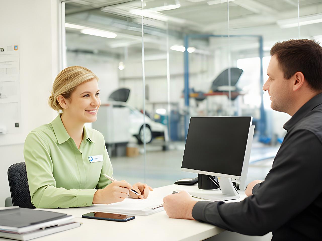 Friendly auto service advisor at a desk with a phone and computer in a bright repair shop office