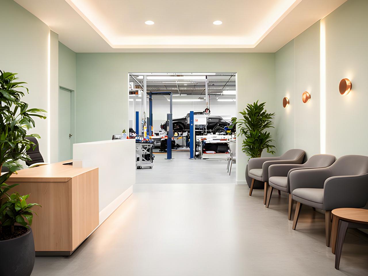 Clean automotive reception area with a service counter and soft natural light