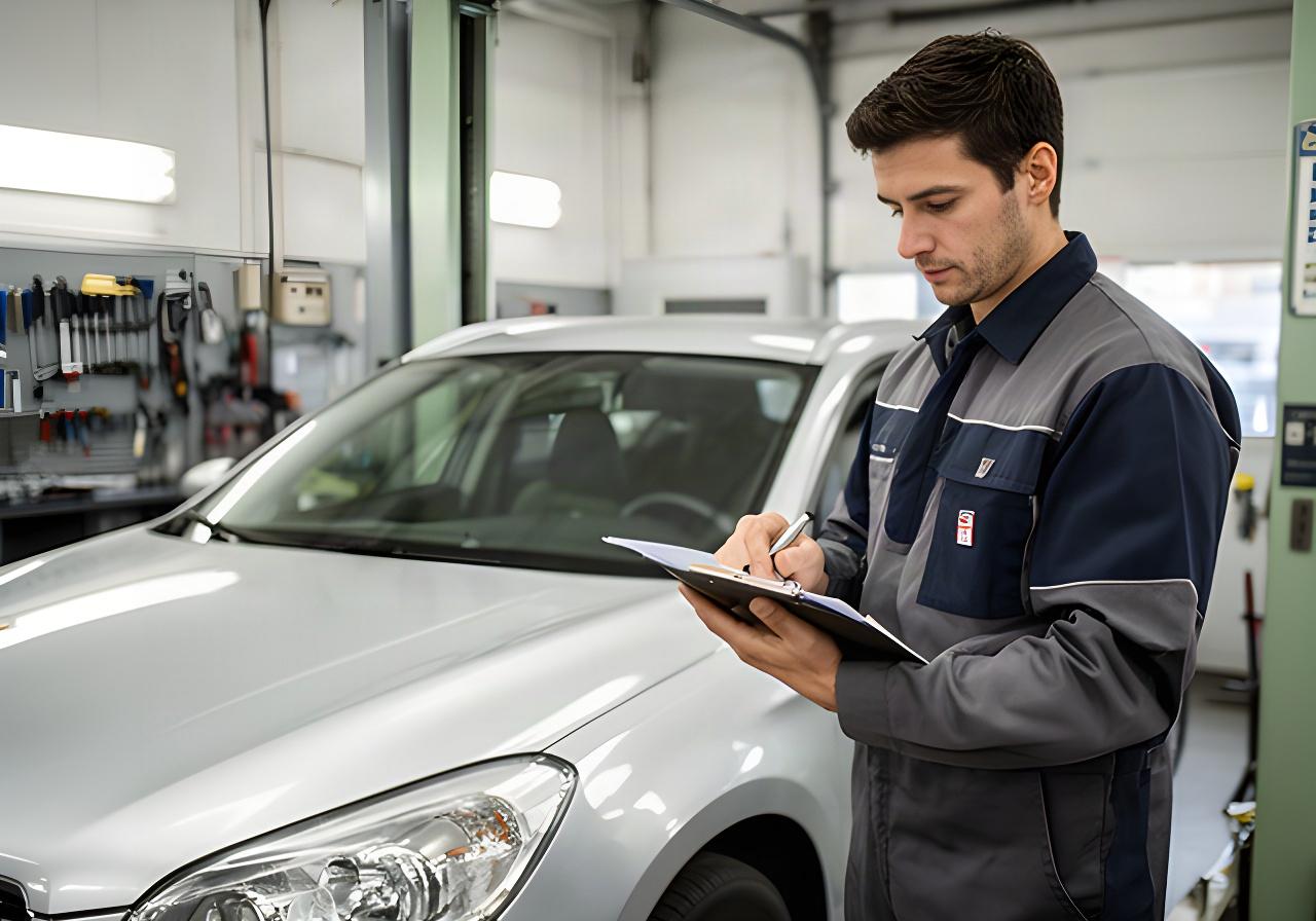 Technician inspecting a vehicle beside a service bay while reviewing notes on a clipboard