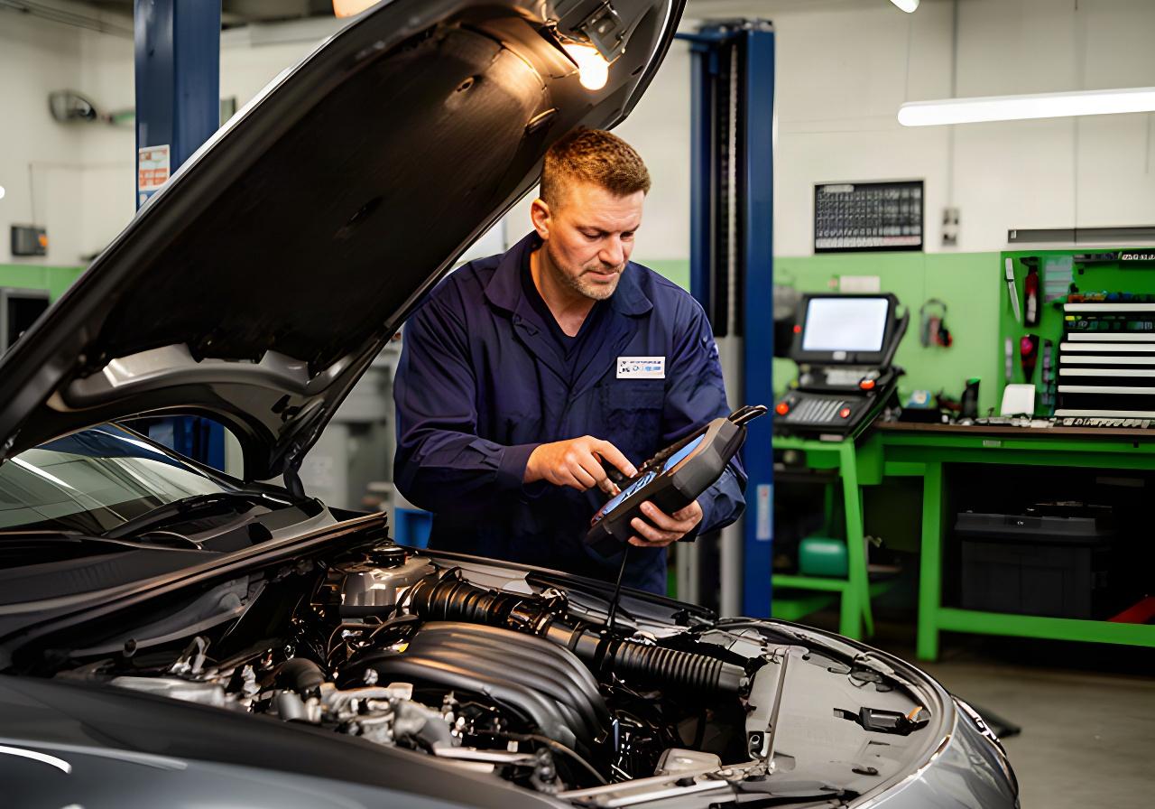Automotive technician checking an engine under the hood inside a tidy repair bay