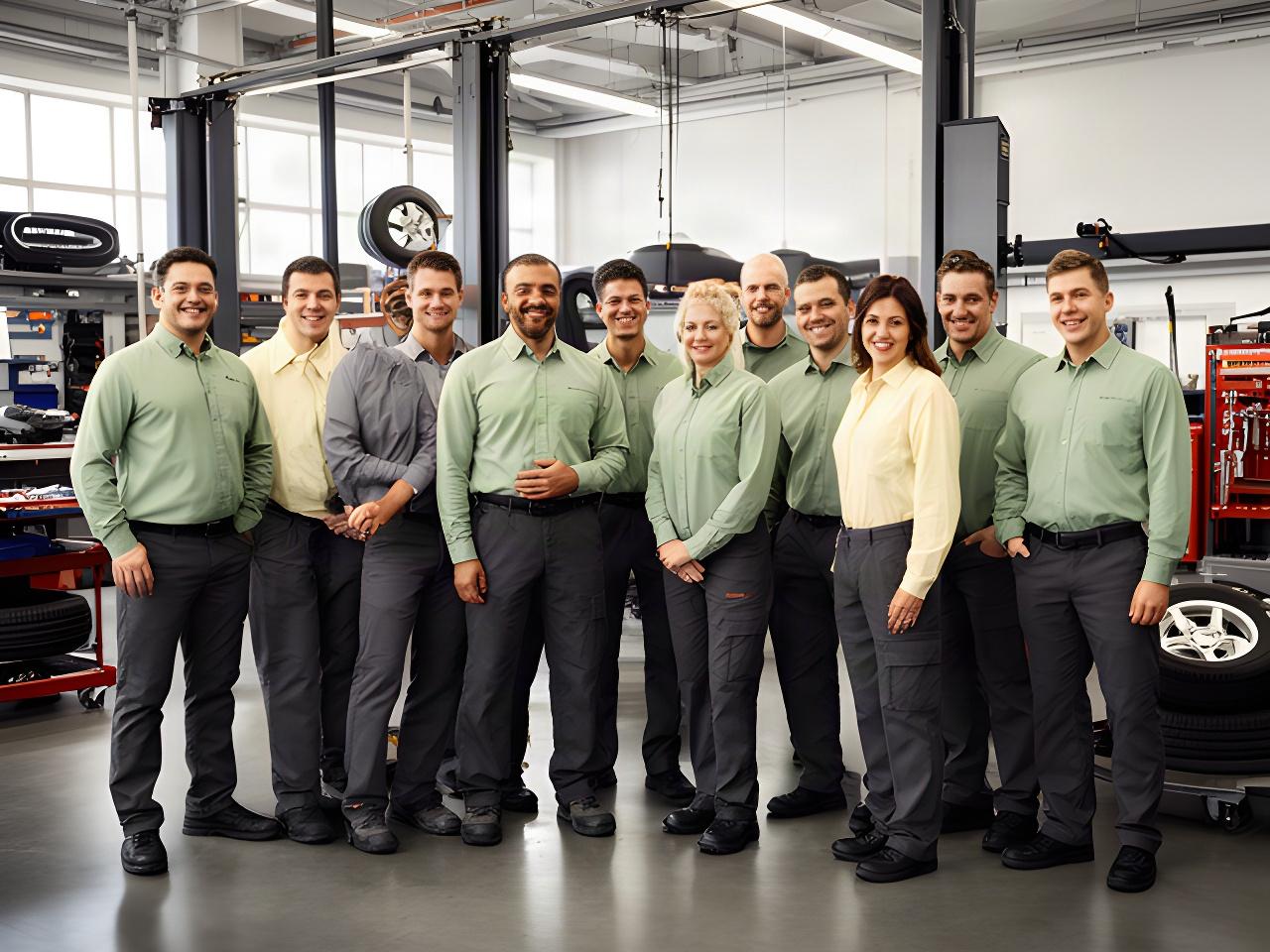 Davies Auto Services technicians in matching uniforms standing together inside the automotive workshop