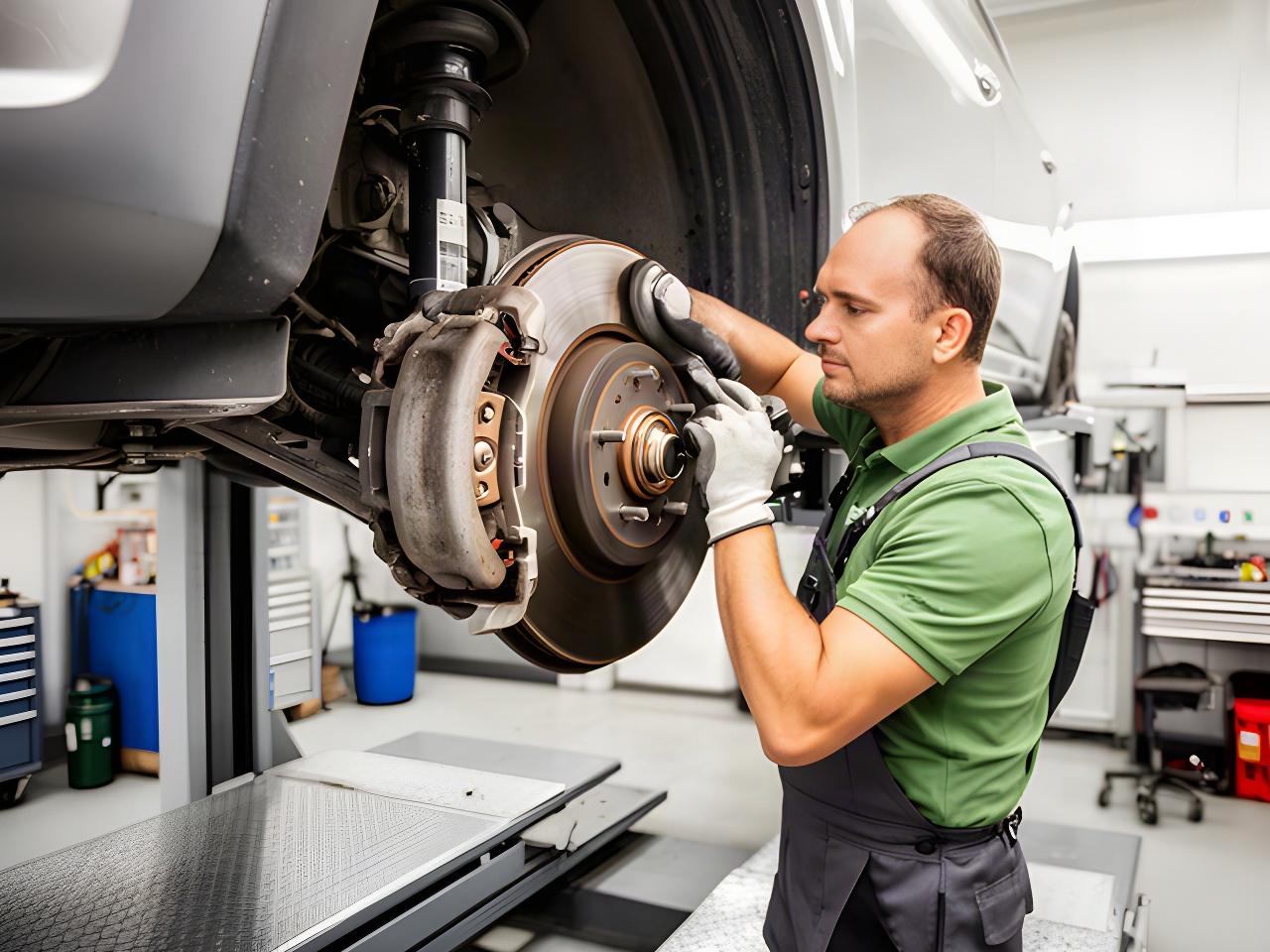 Technician inspecting a vehicle wheel and brake area inside a well-lit automotive workshop