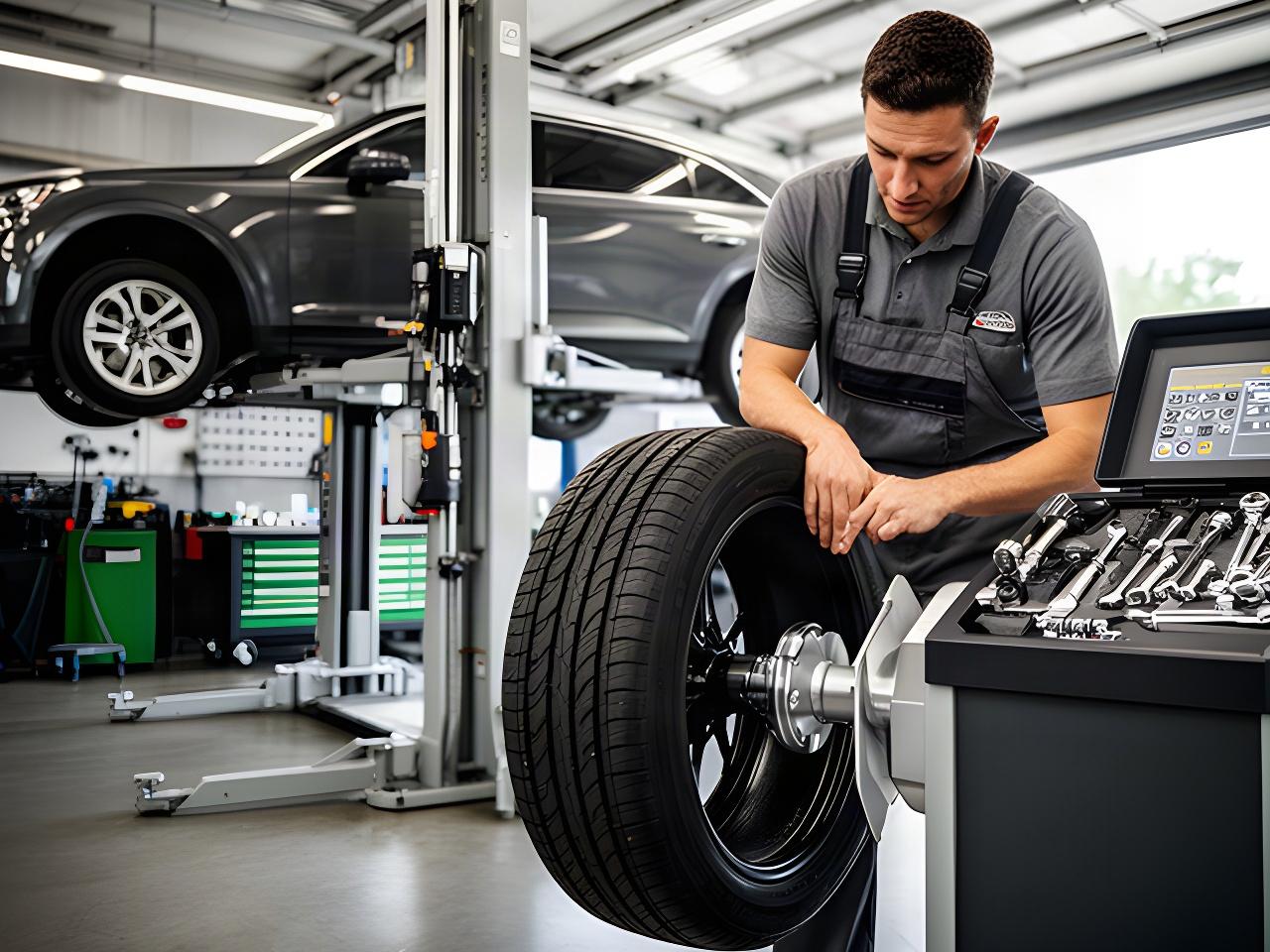 Mechanic balancing a black tire beside an organised vehicle service lift