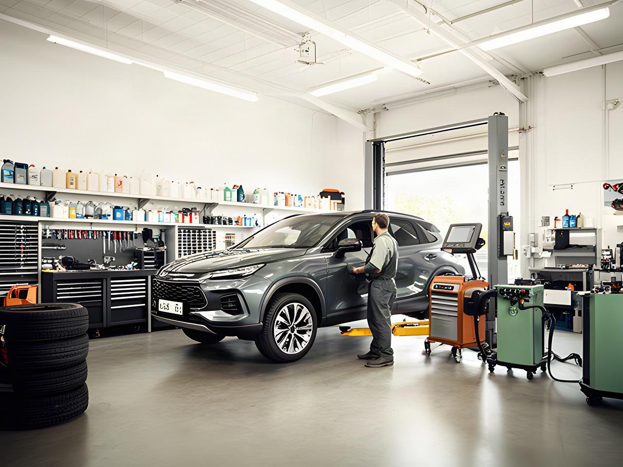 Bright automotive service bay with a vehicle being checked beside organized tools and equipment